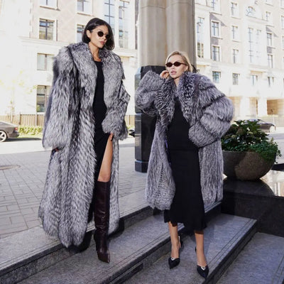 Women Real Silver Fox Fur Coat with Lapel Collar Whole Skin Genuine Silver Fox Fur Coat Women Winter Outwear Thick Warm Overcoat