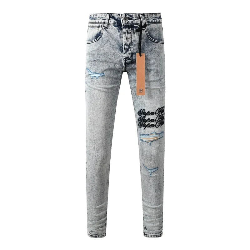 25fw High Street Men's Jeans Paint Hole Trend Low Rise Skinny Denim Pants Pleated Ripped Solid Trousers