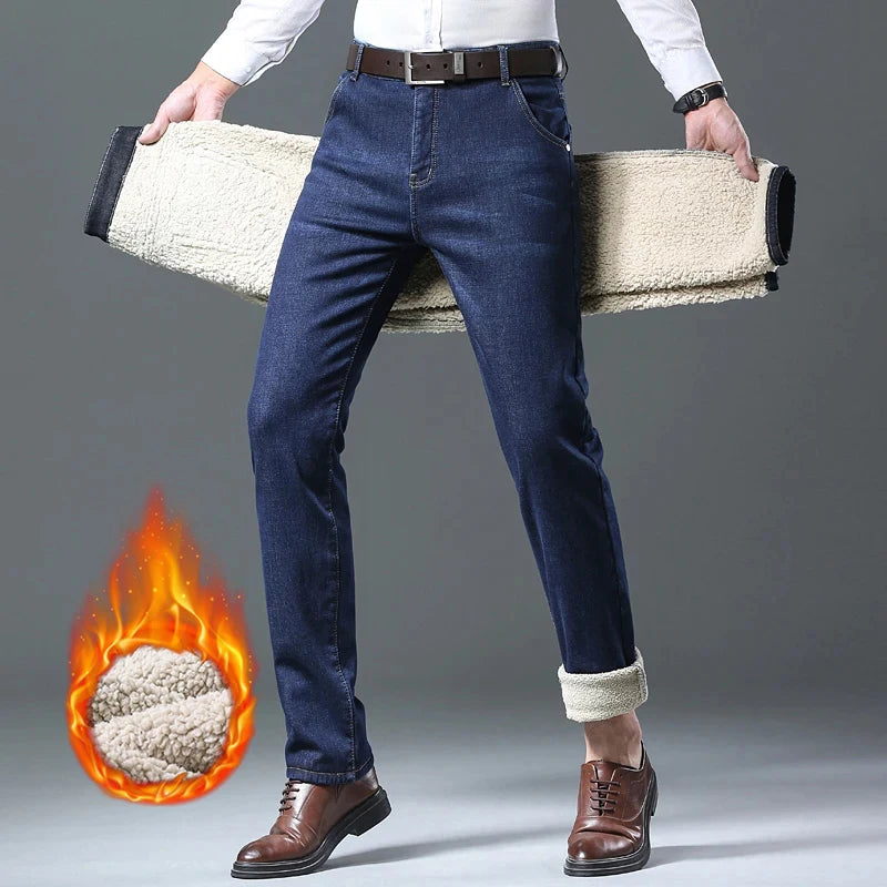 Winter Men's Fleece Thick Sherpa Jeans Business Casual Velvet Straight Denim Pants Male Wool Plush Classic Stretch Trousers