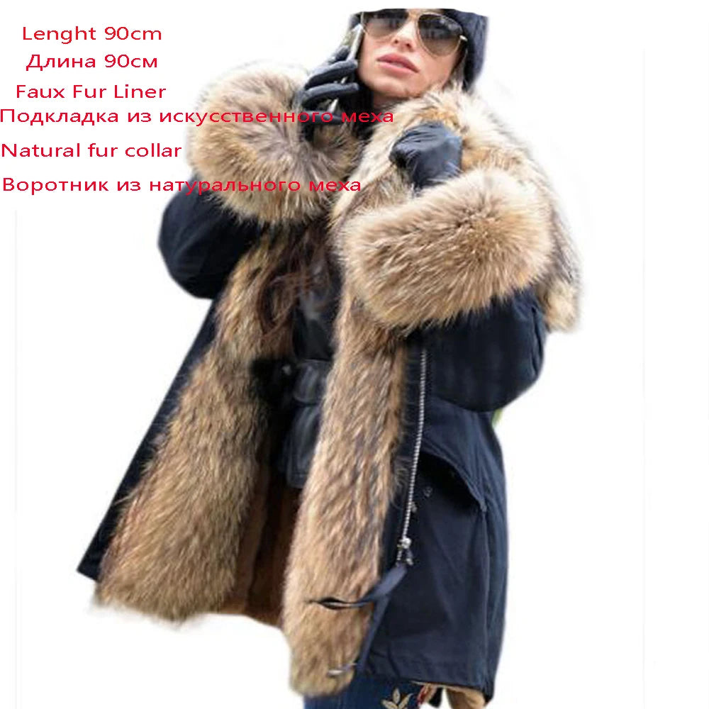 2024 New Winter Jacket Women X-Long Parka Waterproof Big Natural Raccoon Fur Collar Hood Real Fur Coat Thick Warm Real Fox Fur