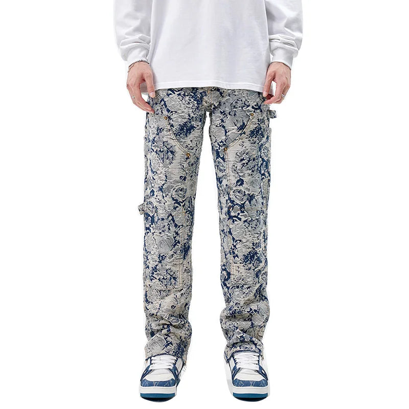 Men Jacquard Weave Denim Jeans Streetwear Ripped Distressed Pants Patch Loose Straight Trousers
