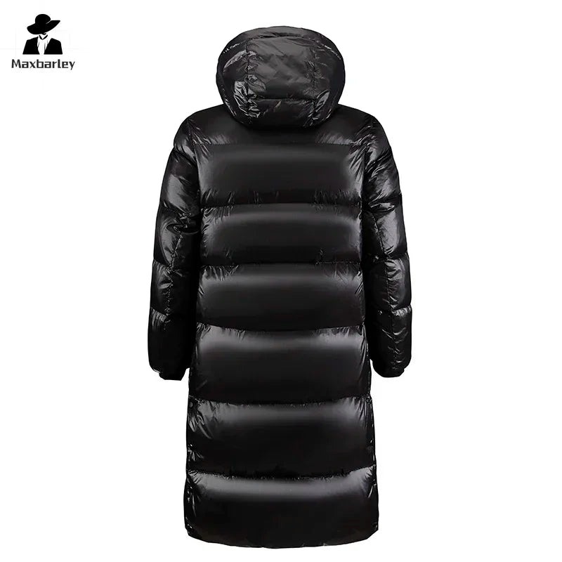 Black Glossy Down Jacket Men's Luxury Thicken Winter Hooded Long White Duck Down Jacket Women Windproof Rainproof Warm Outwear