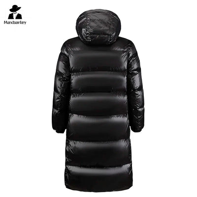Black Glossy Down Jacket Men's Luxury Thicken Winter Hooded Long White Duck Down Jacket Women Windproof Rainproof Warm Outwear
