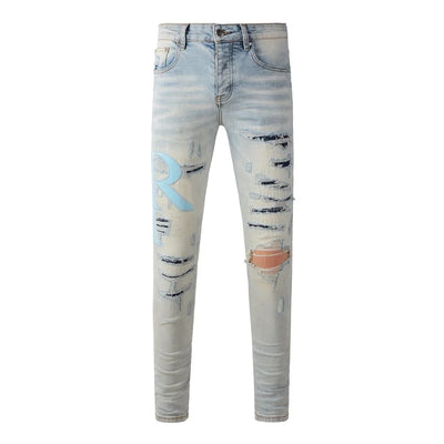 Fashion Top Quality Streetwear Distressed Men's Jeans  Vintage Low Rise Stretch Skinny Button Fly Ripped Hold Pants