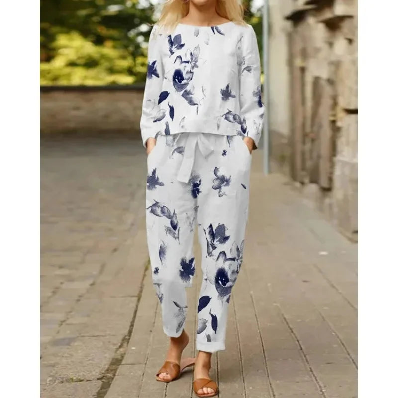 Spring Summer New Vintage Print Long Sleeve round Neck T-Shirt Set Wide Leg Pants Ethnic Style Fashionable Women's Outfit
