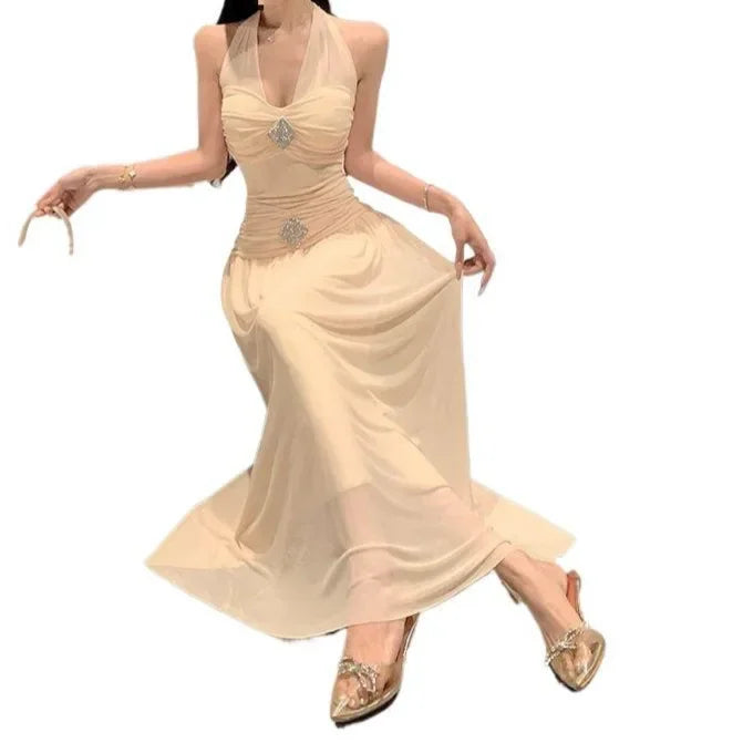 French Style Neck Hanging Waist Cinching Slimming Vacation Dress New Long Ankle-Length Princess Sleeve V-Neck Dress