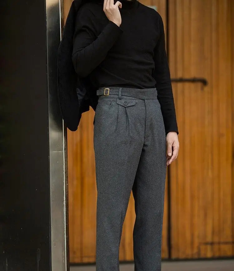 2024 Autumn Winter Men's New Loose Wool Cashmere Straight Pants Men High Waist Suit Trousers Male Solid Color Casual Pants F357