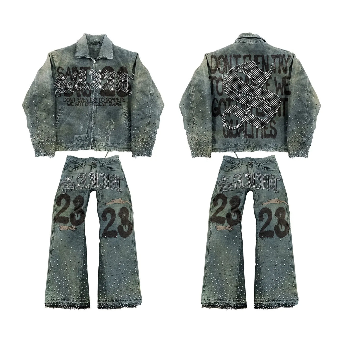 Mens Clothes Letter Embroidery Patchwork Rhinestone Y2k Two Piece Set Hip Hop Retro Zipper Denim Jacket Baggy Jeans Streetwear