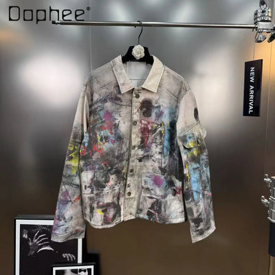 2025 Autumn Retro Style Painted Graffiti Print Loose Jacket Cargo Pants Two-Piece Set Women American Street Fashion Denim Suit