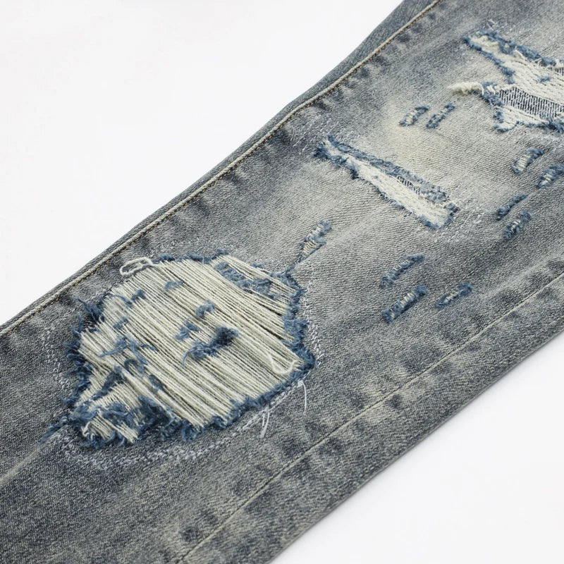 Y2K street fashion new men's jeans Y2k snake embroidery nostalgic washed elastic slim fit perforated red skin patch light blue