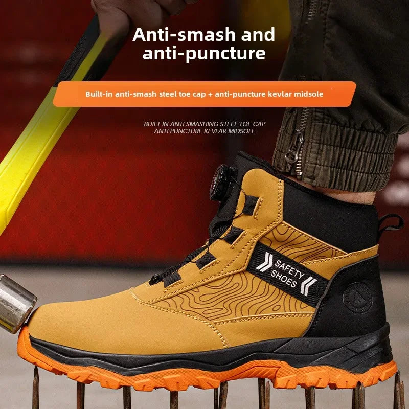 waterproof work shoes high man rotating button safety shoes anti-slip rubber outsole work boots sneakers with steel toe cap