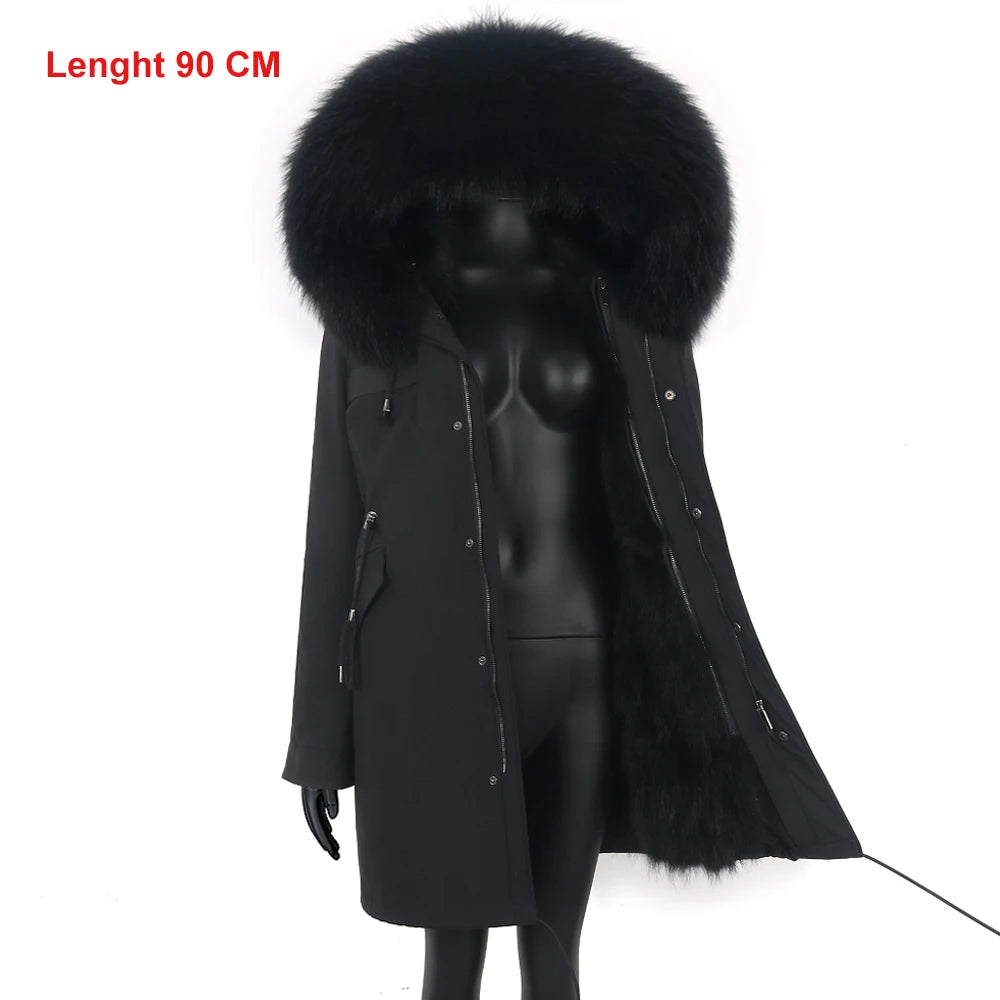 2024 New Winter Jacket Women X-Long Parka Waterproof Big Natural Raccoon Fur Collar Hood Real Fur Coat Thick Warm Real Fox Fur
