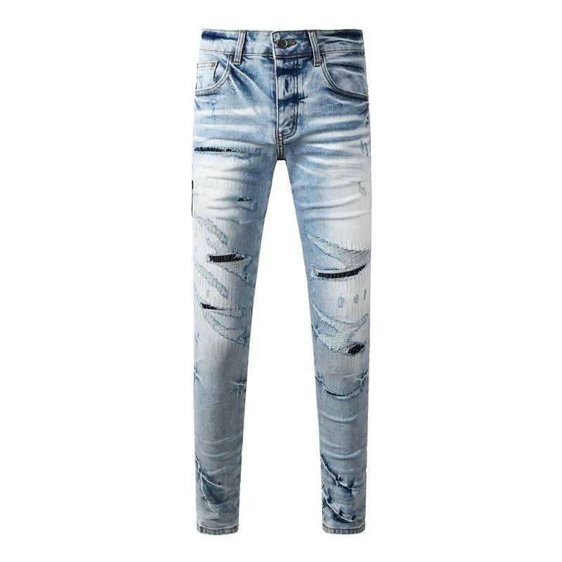 Fashion Top Quality Streetwear Distressed Men's Jeans  Vintage Low Rise Stretch Skinny Button Fly Ripped Hold Pants