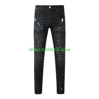 Americans  Retro High Street Men's Jeans New Trendy Low Rise Skinny Denim Pants Pleated Ripped Hold Trousers