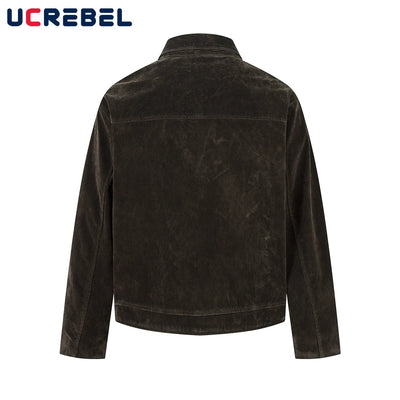 Retro Spliced Suede Jacket Mens Button Decoration Autumn Winter Retro Lapel Long Sleeve Loose Outerwear Man