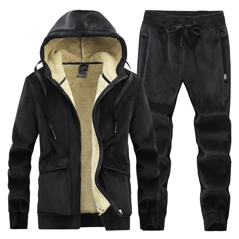 Cashmere Mens Fleece Warm Tracksuit Male Winter Warm Hooded Fashion Sets Mens Hoodies + Pants Sportswear Sets WinterThick Set