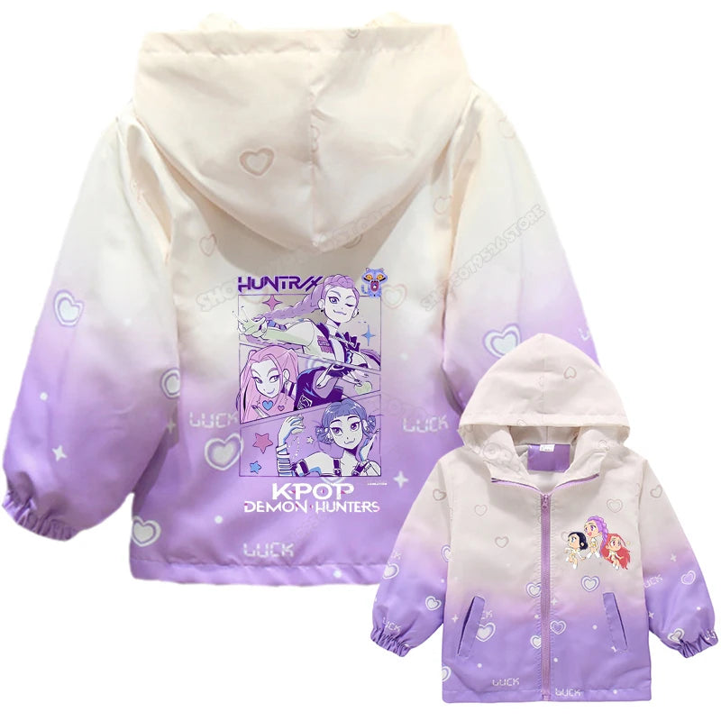 KPop Demon Hunters Girls Hood Jacket Kids Windbreak Coat Outdoor Casual Waterproof Jackets Zip Up Coat Movie Anime Outerwear