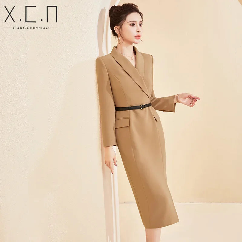Elegant Slim Fit Suit Dress for Women Black Long Sleeve Commute Friendly Professional Long Skirt Style Spring Ready