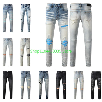 Americans New Trendy Streetwear Men's Jeans Low Rise Skinny Denim Pants Pleated Ripped Trousers