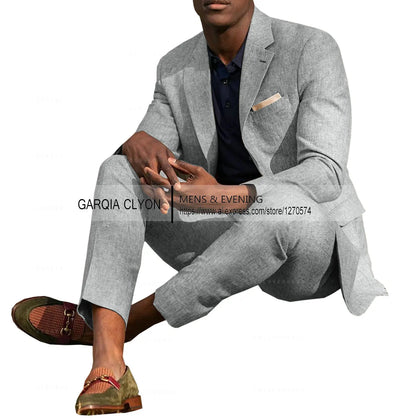 Linen Men's Suits 2 Pieces Summer Casual Notch Lapel Single Breasted Men's Wedding Suits（Blazer+Pants）