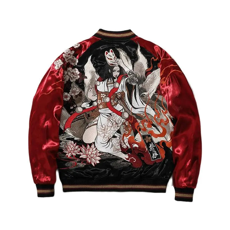 High Street Men Boys Streetwear Nine Tailed Fox Embroidered Loose Sukajan Souvenir Jacket Coats Fashionable Vintage Hip Hop