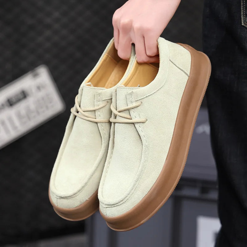 Men's Casual Shoes Lace-up Cow Suede Genuine Leather Thick Sole Mens Classic Retro British Style Outdoor Driving Flats