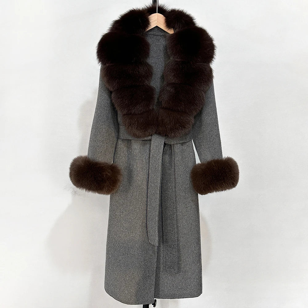 2025 New Autumn Wool Blend Coat Women Elegant Warm Real Fox Fur Collar Winter Wool Coat Female Double-sided Cashmere Jacket