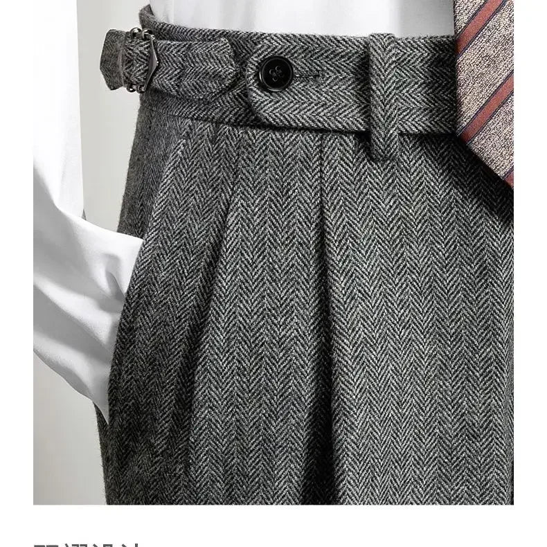 2025 Men's Autumn Winter Fashion High Waist Wool Trousers Male Tweed Casual Pockets Pants Men Long Straight Suit Pants F394