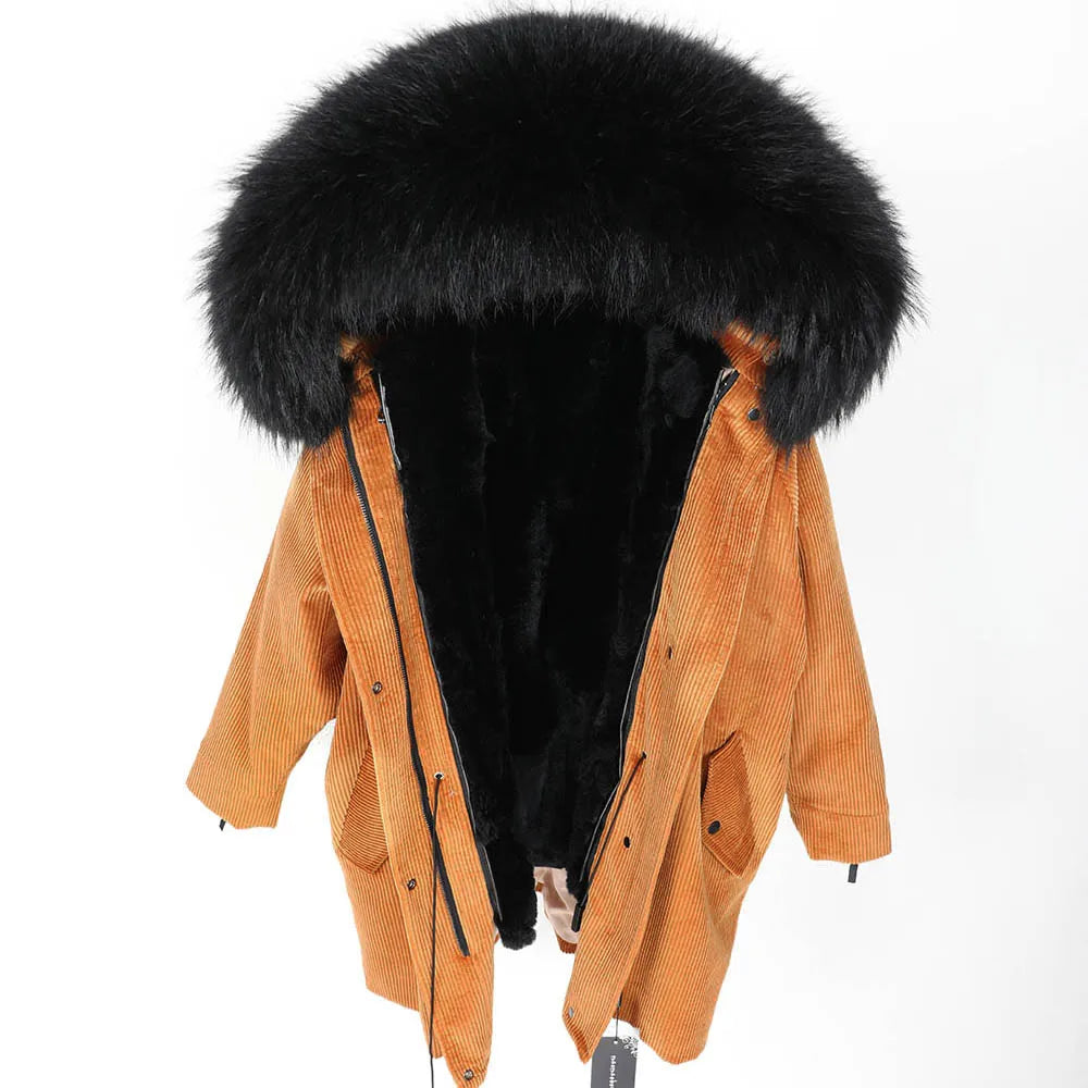 MAOMAOKONG 2022 Winter Parkas With Natural Real Raccoon Fur Collar Women Fur Coat CorduroyWarm Long Jacket Female Clothing