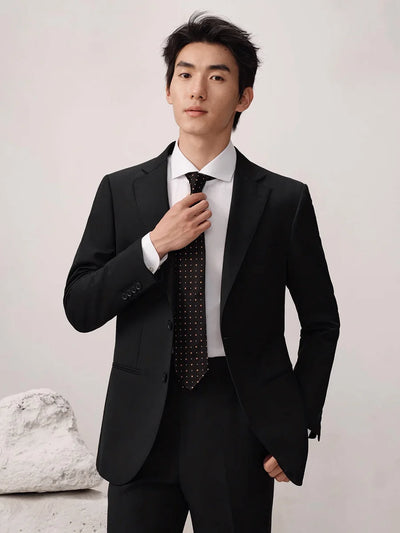 100% Wool Luxury Black Mens Suits Set Casual Businessman Daily Wear Fashion Wedding Groom Formal Suit Blazer + Pant Slim Fit 54