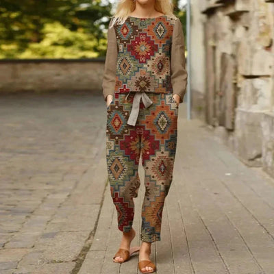 Spring Summer New Vintage Print Long Sleeve round Neck T-Shirt Set Wide Leg Pants Ethnic Style Fashionable Women's Outfit