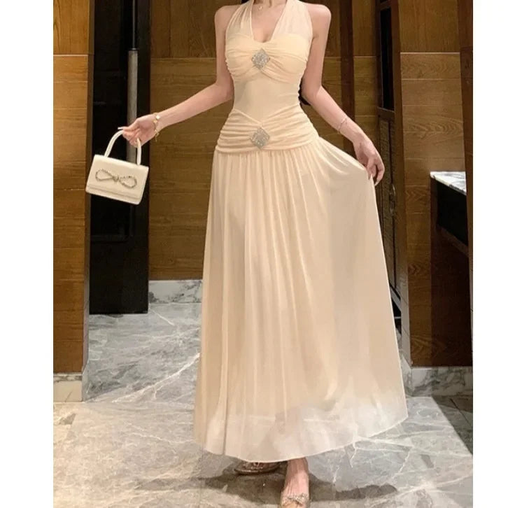 French Style Neck Hanging Waist Cinching Slimming Vacation Dress New Long Ankle-Length Princess Sleeve V-Neck Dress