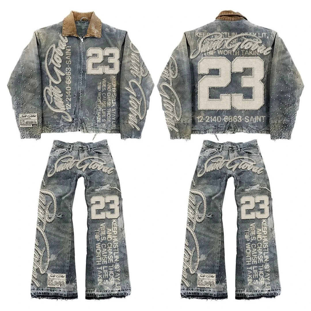 Mens Clothes Letter Embroidery Patchwork Rhinestone Y2k Two Piece Set Hip Hop Retro Zipper Denim Jacket Baggy Jeans Streetwear