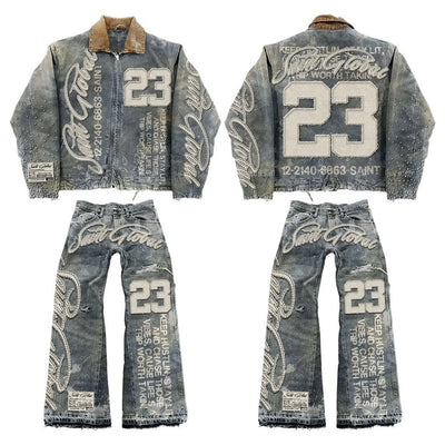 Mens Clothes Letter Embroidery Patchwork Rhinestone Y2k Two Piece Set Hip Hop Retro Zipper Denim Jacket Baggy Jeans Streetwear