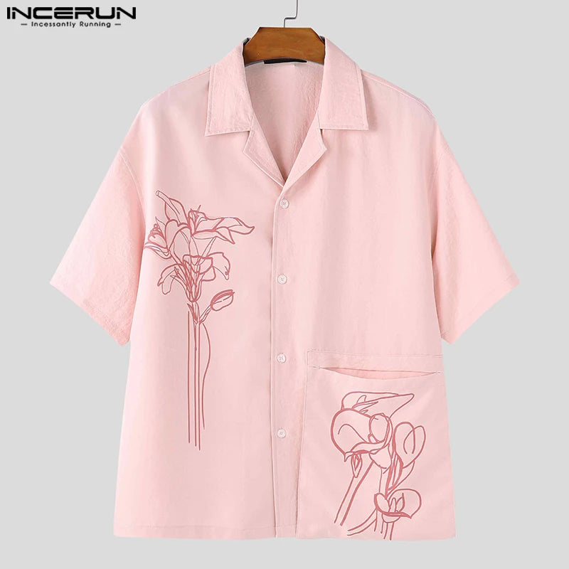 INCERUN Men Shirt Summer Printing Vacation Oversize Lapel Short Sleeve Men Clothing Streetwear 2025 Fashion Casual Tops Men