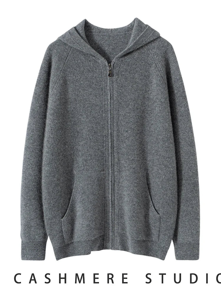 Men's Autumn Winter Cashmere Sweater Zippers Hooded Cardigan Jacquard Casual Pockets 100% Cashmere Knitwear Raglan Sleeve Tops