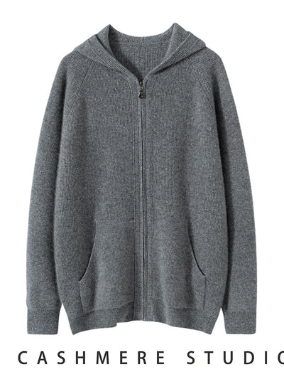 Men's Autumn Winter Cashmere Sweater Zippers Hooded Cardigan Jacquard Casual Pockets 100% Cashmere Knitwear Raglan Sleeve Tops