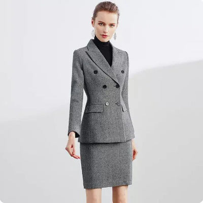 Retro Wool Suit Two Piece Sets Womens Outifits Double-Breasted Blazer Female President Manager Professional Suit Set Clothing