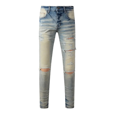 Americans New Trendy Streetwear Men's Jeans Low Rise Skinny Denim Pants Pleated Ripped Trousers