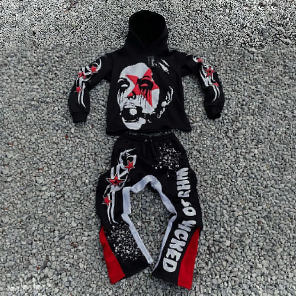 Y2K Autumn/Winter Hoodie Suit Flared Trousers Oversized Men's clothing  Fashion Trend High Street Pants Casual Sets 2024