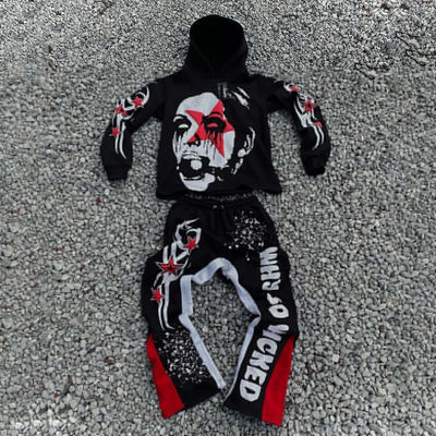 Y2K Autumn/Winter Hoodie Suit Flared Trousers Oversized Men's clothing  Fashion Trend High Street Pants Casual Sets 2024