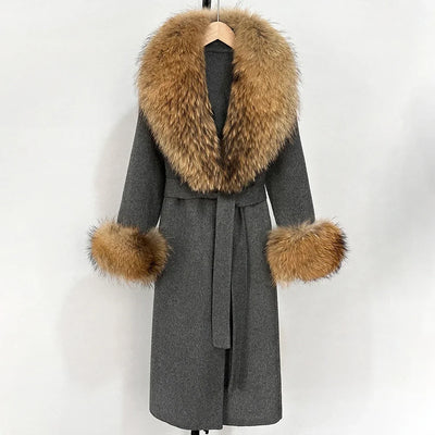 2025 New Autumn Wool Blend Coat Women Elegant Warm Real Fox Fur Collar Winter Wool Coat Female Double-sided Cashmere Jacket