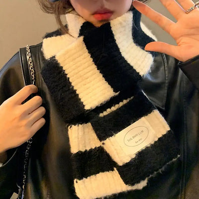 Girl's Striped Long Scarves Y2K Striped Scarf Harajuku Gothic Neck Warm Winter Warm Scarf Thickened Black White Shawl Wrap Women