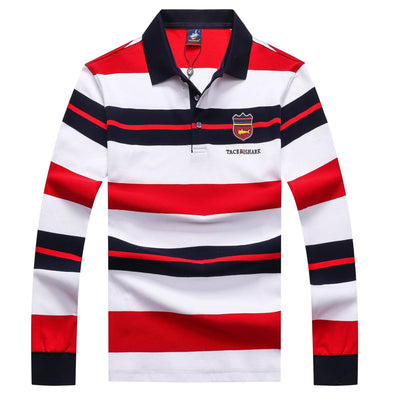 TACE&SHARK Fashion Brand Shark Long Sleeve Polo 2024 Men Stripe Camisa Masculina Casual Business Blue Polo Clothing