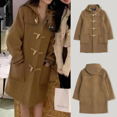 Smoothmo*dbaby Thiened Woolen Coat with Horn Buttons And Hood Retro Sle Commute Faion Women's Outerwear