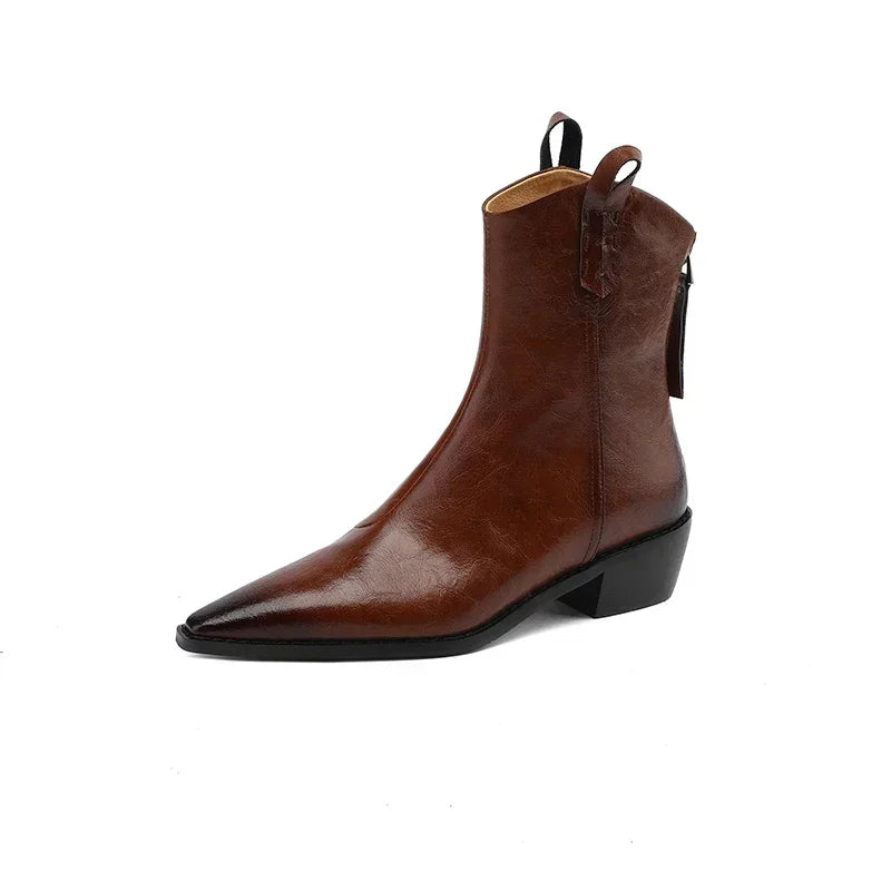 2025 Autumn/winter Women Boots Genuine Leather Western Boots Women Shoes Pointed Toe Chunky Heel Chelsea Boots Retro Ankle Boots