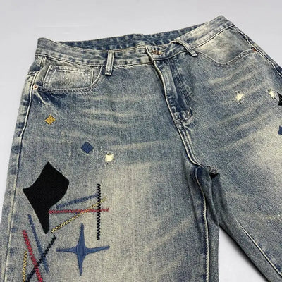 Old Tattered Patched Embroidered Jeans Men's Small Straight Leg Pants American High Street Men's Pants Trendy