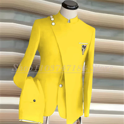Navy Blue Men's Suits Single Breasted Stand Lapel Blazer African Style Formal Occasion Party 2 Piece Jacket Pants Costume Homme