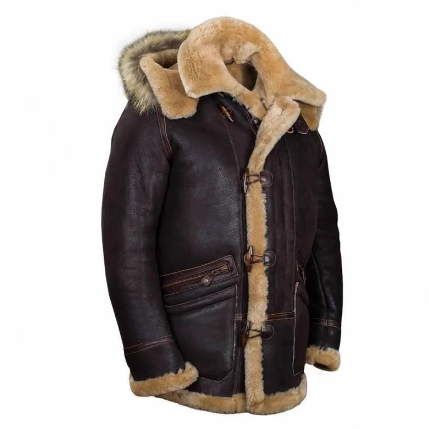 Retro Hooded Winter Leather Jacket Male Fur Integrated Coat Men Jacket with Button Closure Pockets Warm Wool Fur Jacket Coat