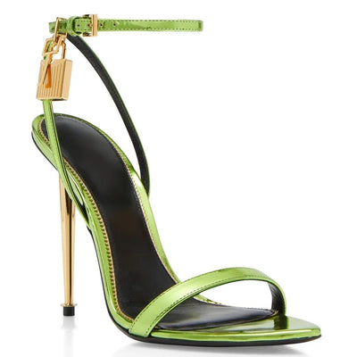 Women Padlock Sandals Gold Green Metallic Leather Runway Dress Shoes Ankle Strap Stiletto High Heels Celebrating Shoes